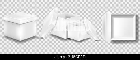 Weiße leere Verpackung Geschenkboxen. Ein Satz offener und geschlossener Boxen in verschiedenen Winkeln. Weißes Objekt auf transparentem Hintergrund. Vektorgrafik, E Stock Vektor