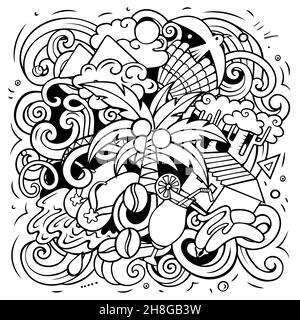 Haiti Cartoon Vektor Doodle Illustration. Line Art Detaillierte Komposition mit vielen exotischen Inseln Objekte und Symbole. Stock Vektor
