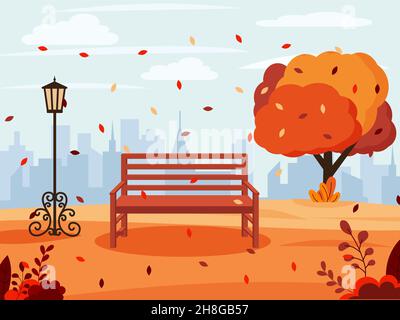 Herbstlandschaft mit einer Stadt im Hintergrund Herbsthintergrund. Vektorgrafik in flacher Ausführung EPS 10 Stock Vektor