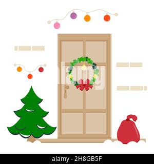 Vektor-Illustration Frohes neues Jahr 2022. Wir feiern Frohe Weihnachten. Weihnachtsbaum. Inneneinrichtung. Haus, Haustür für Winterurlaub dekoriert. Geschenk Stock Vektor