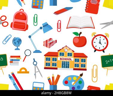 Witziges nahtloses Muster mit Schulbedarf und kreativen Elementen. Zurück zum Schulhintergrund. EPS 10 Stock Vektor