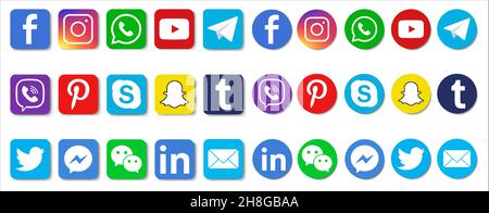 Vinnitsya, Ukraine- 10. Januar 2021: Set der beliebtesten Social-Media-Icons: Facebook, Instagram, WhatsApp, YouTube, Telegram Stock Vektor