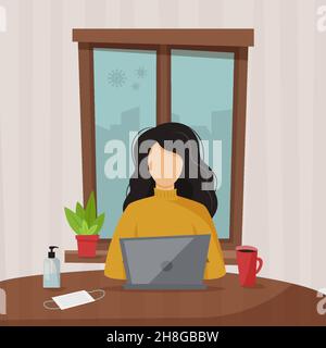 Mädchen mit Laptop auf dem Stuhl sitzen. Arbeit von zu Hause Illustration Konzept. Illustrationen Konzept Coronavirus COVID-19. Das Unternehmen erlaubt Mitarbeitern t Stock Vektor