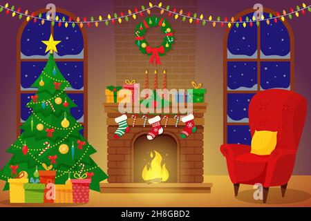 Weihnachtliche Innenausstattung des Wohnzimmers mit Weihnachtsbaum, Geschenken und Kamin. Vektorgrafik in einem flachen Stil Stock Vektor