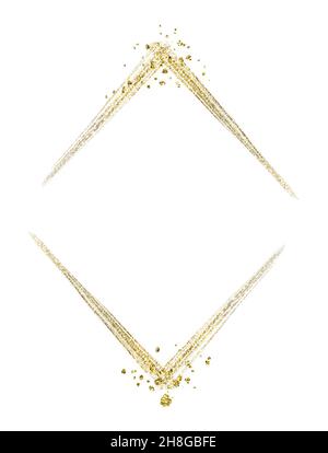 Goldener Glitzerrahmen. Vertikale Rautenform. Abbildungen aus Goldfolie, isoliert auf Weiß, haben Platz für Text im Inneren. Realistisches Clipart für Logo Stockfoto