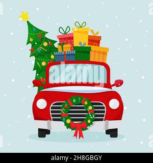 Weihnachtsauto mit dem Weihnachtsmann als Fahrer mit Geschenken, Baum und Dekorationen. Flache Vektorgrafik im Cartoon-Stil Stock Vektor