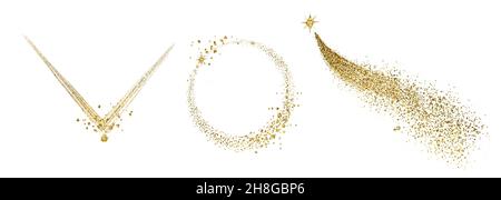 Goldene Folienrahmen Set: Dreieckig, Kreis. Auf Weiß isolierte Illustrationen aus Goldfolie. Weihnachtsstern fliegen. Realistische Clip Art für Logo, Hochzeit Stockfoto