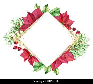 Weihnachtsrahmen mit goldenem Glitzer. Rhombenschablone mit roter Weihnachtssterne, Kiefern, Platz für Text und glitzernder Folie. Aquarell botanisch Stockfoto