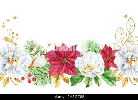 Aquarell-Weihnachtshintergrund mit Rosen, roten Weihnachtssternen, goldenen Glitzerblumen. Kartenvorlage mit weißer Bräter-Blume, Kiefern und Glitter-Folie Stockfoto