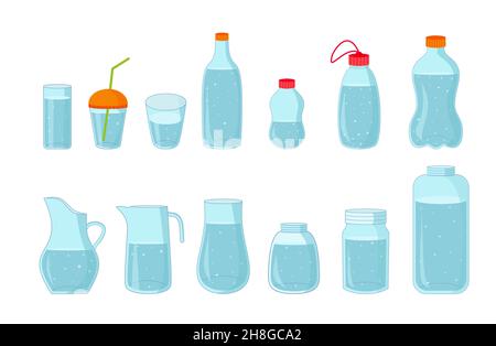 SET AUS VECTOR FLASCHEN UND GLÄSERN MIT WASSER. TRINKEN SIE MEHR WASSER. CARTOON-STIL EPS 10 Stock Vektor