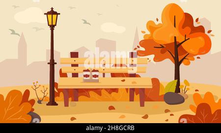 Vektor-Illustration eines schönen Herbststadtparks mit Stadtbau Hintergrund. Abend im Park flaches Design Stock Vektor
