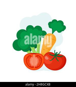Avocado, Tomaten, Brokkoli, Karotten frisch, diätetisch, Bio, Lebensmittel. Cartoon-Stil EPS 10 Stock Vektor