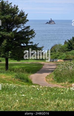 Blick auf den Ecola State Park im Frühling mit dem Leuchtturm Tillamook Rock im Hintergrund, Cannon Beach, Oregon Stockfoto