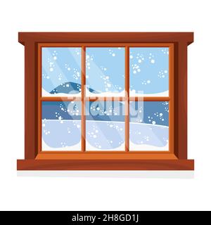 Fenster mit Blick auf die Winterlandschaft. Flacher Cartoon-Stil. Vektorgrafik. Stock Vektor