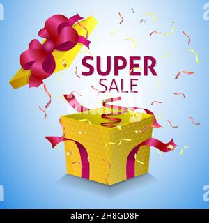 Banner-Vorlage für den Superverkauf. Geschenkbox öffnen. Vektor-Illustration das beste Angebot des großen Verkaufs. Rabatt bunte fallen Konfetti Streamer Stock Vektor
