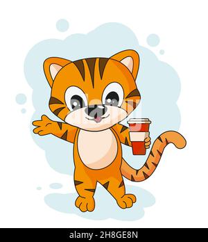 Niedlichen Tiger mit Glas Kaffee Vektor Illustration EPS 10 Stock Vektor