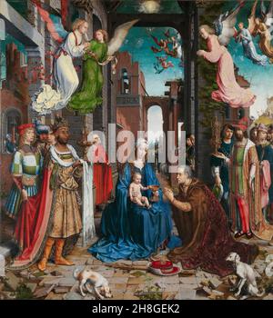 Jan Gossaert, Anbetung der Könige, Anbetung der Könige, 1515, Öl auf Eichenholzplatte, National Gallery, London, Vereinigtes Königreich Stockfoto