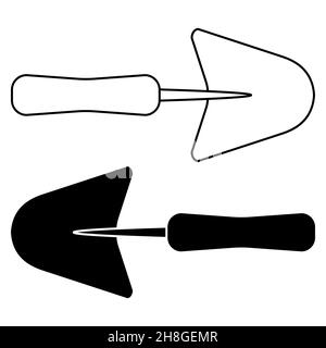 Gartengeräte Satz von Kellen Umriss und negative Umriss einfache minimalistische flache Design Symbol Vektor-Illustration isoliert auf weißem Hintergrund Stock Vektor