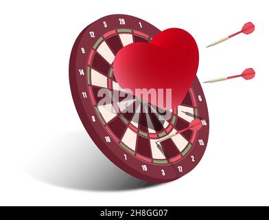 Rote Pfeile in der Mitte des Herzziels. Kampf um die Sympathie und das Herz des Partners. Realistischer 3D-Vektor Stock Vektor