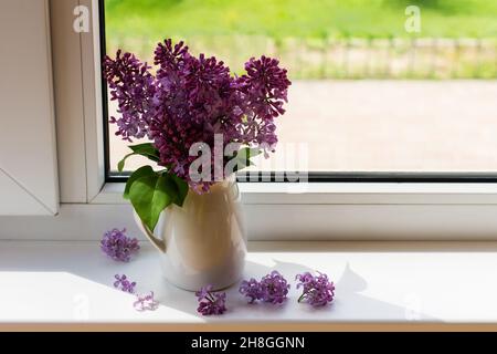 Ein lila Strauß Flieder in einem weißen Krug steht auf dem Fensterbrett eines Landhauses Stockfoto