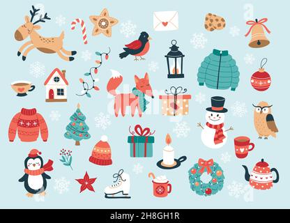 Weihnachts- und Neujahrskollektion mit niedlichen Tieren und saisonalen Elementen. Handgezeichnete Vektorgrafik Stock Vektor