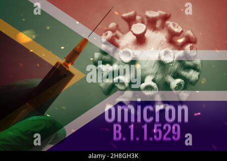 Corona-Virus, Impfspritze und Flagge Südafrikas, omicron-Covid-Mutation B.1.1.529 Stockfoto