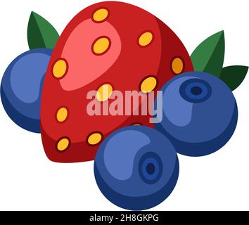 Cartoon-Beeren. Erdbeere und Heidelbeere mit Blättern. Vektorgrafik Stock Vektor