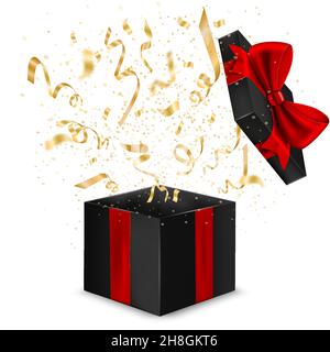 Offene schwarze Geschenkbox mit rotem Band und Schleife und Serpentine auf dunklem Hintergrund. Blick von oben. Vorlage für die Gestaltung Ihrer Präsentation, bann Stock Vektor