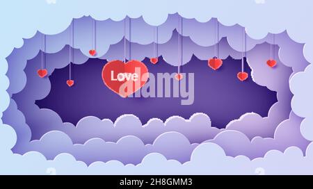 Valentine Schnitt 3D Hintergrund mit violett blau Gradient bewölkt Landschaft papiercut Kunst. Nachthimmel Wolken rechteckigen Rahmen mit Herzen auf Seil in Stock Vektor