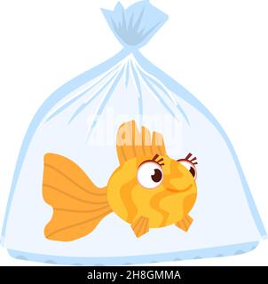 Fische schwimmen in einer Plastiktüte. Cartoon Goldfisch im Wasser Stock Vektor