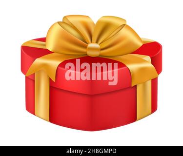 Herzförmige Geschenkbox mit Band, präsent isoliert auf weißem Hintergrund. Realistische 3D Vektor Geschenkbox mit Goldschleife Stock Vektor