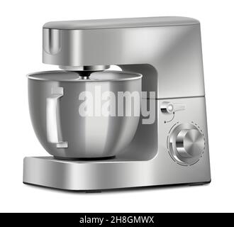 Realistische Küchenmaschine. Professioneller elektrischer Mixer mit Standfuß, isoliert auf weißem Hintergrund. 3D Vektor Stock Vektor