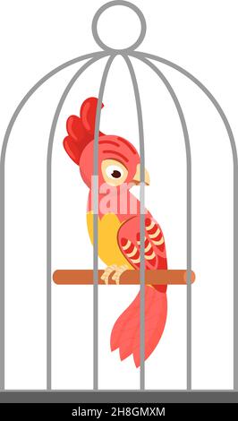 Papagei im Käfig. Roter exotischer Vogel im Cartoon-Stil Stock Vektor