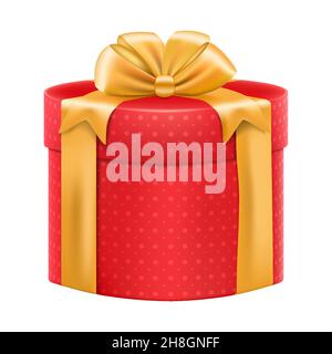 Rote Geschenkbox mit Goldband und Schleife, präsent isoliert auf weißem Hintergrund. Realistische 3D-Vektor-Illustration Stock Vektor