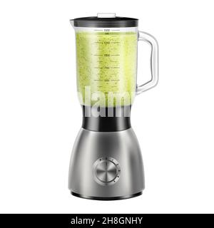 Realistischer Mixer für Entsafter mit gesundem Smoothie. Stahlmischer mit Kiwi Detox Smoothie. Kochen Lebensmittel Elektronik Geräte, Küchengeräte Gerät. Isoliert Stock Vektor