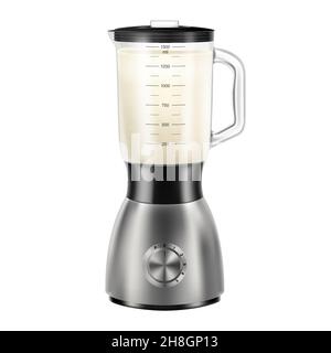 Realistischer Mixer für Entsafter mit gesundem Smoothie. Stahlmischer mit Bananenentgiftungsglätt. Kochen Lebensmittel Elektronik Geräte, Küchengeräte Gerät. Isolat Stock Vektor