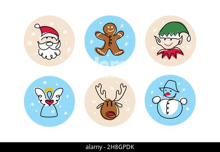 Weihnachts-Symbole Vektor-Satz von Comic-Figuren. Weihnachtsmann, Ingwer, Elf, Engel, Hirsch und Schneemann. Eine fortlaufende Linienkunstzeichnung von Weihnachten Stock Vektor
