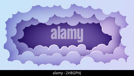 Nachthimmel Wolken rechteckiger Rahmen in Papierschnitt-Stil. Schneiden Sie 3D Hintergrund mit violett blauen Gradienten bewölkt Panorama Landschaft papiercut Kunst Stock Vektor