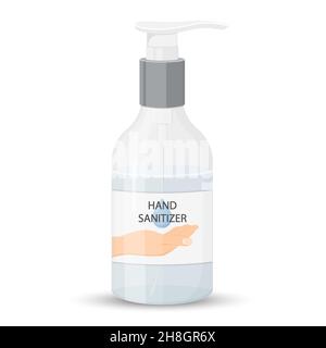 Handdesinfizierflasche mit Pumpe isoliert. Waschalkoholgel gegen Viren, Bakterien, Grippe und Coronavirus. Wasserloser Handreiniger. Händewaschen. V Stock Vektor