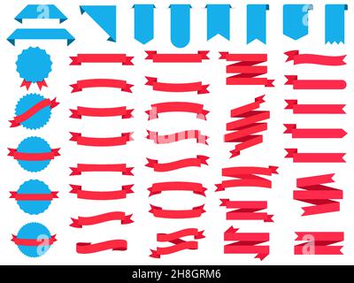 Satz von Ribbons. Ribbon-Elemente. Starburst-Etikett. Moderne schlichte Bändchen-Kollektion. Vektorgrafik. Band rot und blau gefärbt. Stock Vektor