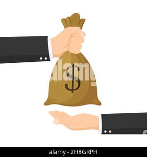Menschliche Hand gibt Geldbeutel an eine andere Person Zahlung Banking Poster, Vektor flache Illustration Stock Vektor