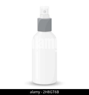 Weiße leere Sprühflasche mit durchsichtiger Kappe, Kosmetikpaket, Vektorvorlage für Werbung, Mockup isoliert auf weißem Hintergrund. Vektor flach Abb. Stock Vektor