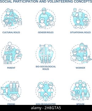 Soziale Teilhabe und Freiwilligenarbeit blaue Konzept-Icons gesetzt Stock Vektor