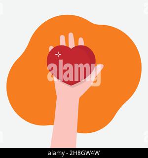 Flache Abbildung des Hand haltenden Herzens. Inneres Organ des Menschen. Für Themen wie Medizin, Liebe, Valentinstag. Gesundheit, Gefühle und Emotionen Stock Vektor