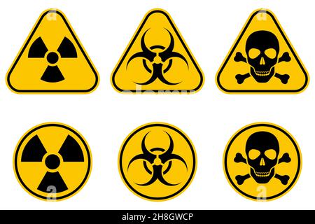 Warnhinweis Set Kreis und Dreieck gelb Zeichen. Strahlungssymbol, toxisches Zeichen und Vektor-Symbol für biologische Gefahren auf weißem Hintergrund isoliert. Stock Vektor