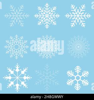 Winter Set von weißen Schneeflocken isoliert auf hellblauem Hintergrund. Snowflake-Symbole. Schneeflocken Kollektion für Design Weihnachten und Neujahr Banner und Stock Vektor