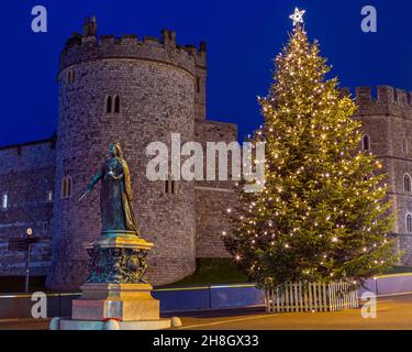Windsor, Großbritannien - 28th 2021. November: Ein wunderschön beleuchteter Weihnachtsbaum verführt das historische Schloss Windsor in Windsor, in der britischen Grafschaft. Stockfoto