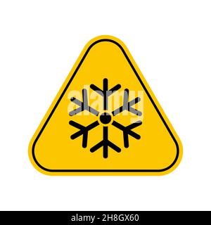 Symbol für Gefahr bei niedrigen Temperaturen. Vektor-Illustration des gelben Dreiecks Warnschild mit Schneeflocke-Symbol im Inneren. Vorsicht bei sehr kalten Temperaturen. Achtung s Stock Vektor