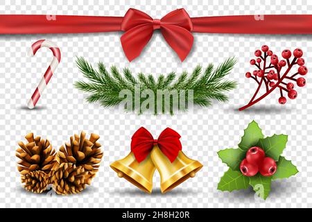 Set von dekorativen Elementen Frohe Weihnachten. Zuckerrohr, Fichtenzweig, Eberesche, goldene Glocken, Zapfen, Roter Bogen, realistische Vektordarstellung auf Transpare Stock Vektor
