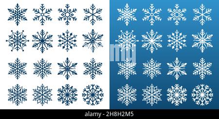 schneeflocke Winter Set von schwarzen isolierten Symbol Silhouette auf weißem und blauem Hintergrund Stock Vektor